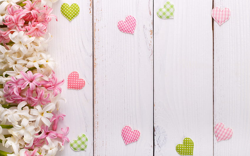 :-), white, spring, valentine, pink, wood, green, card, heart, hyacinth HD wallpaper