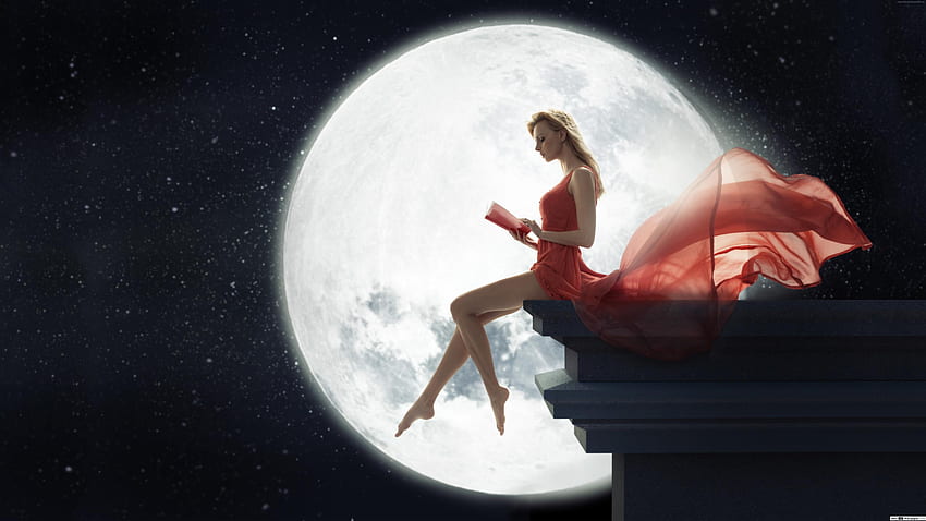 Woman Reading by Moonlight HD wallpaper