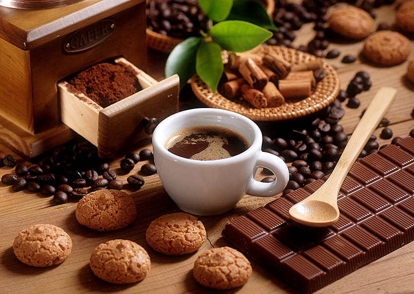 음식 초콜릿 커피 컵 곡물 쿠키 초콜릿 바 HD 월페이퍼