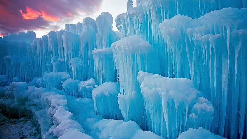 naturaleza, paisaje, invierno, nieve, hielo, iceberg, carámbano, azul, nubes, puesta de sol, escarcha y móvil fondo de pantalla