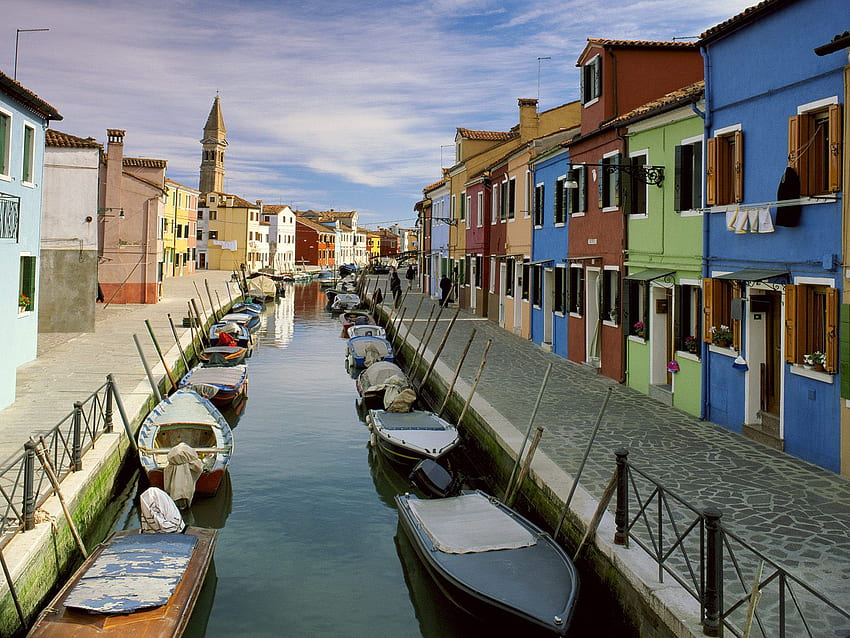Canal Burano、色、グラフィック、ボート、運河、ヴェネツィア、イタリア、旅行 高画質の壁紙