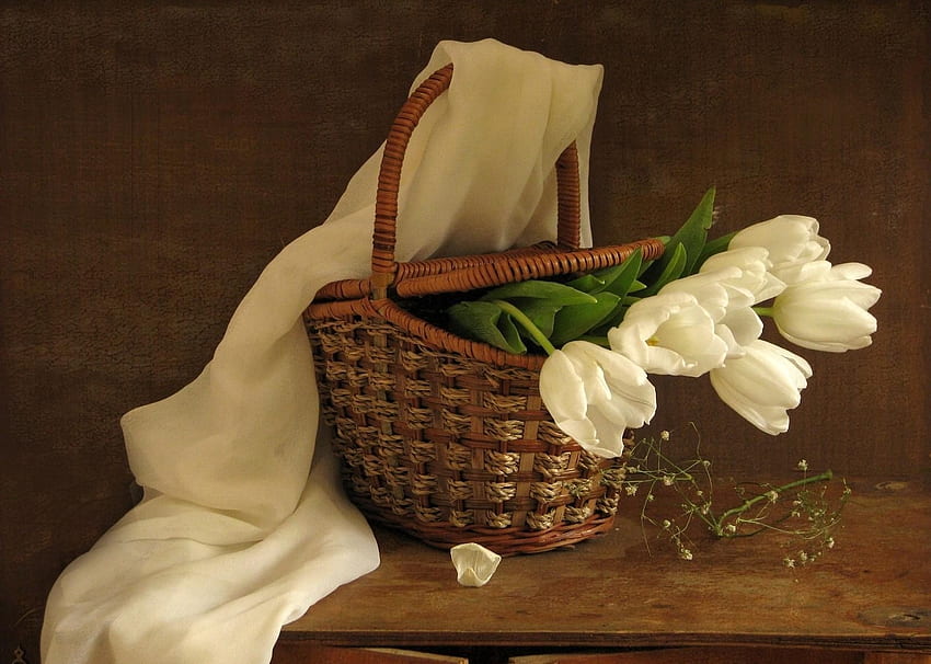 Bunga, Tulip, Buket, Keranjang, Musim Semi, Syal Wallpaper HD