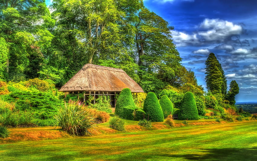 Hütte auf grünem Wald, grün, Hütte, Wolken, Bäume, Natur, Gras, Wald HD-Hintergrundbild