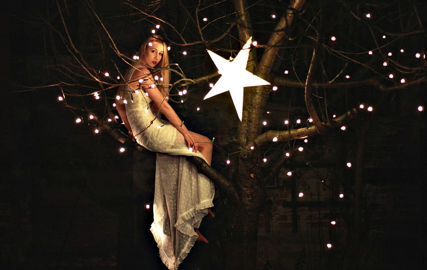Luna tree, noite, preto, menina, vestido, serenidade, árvore, mulher, estrela, rosa, lua, fantasia, luz, luna papel de parede HD