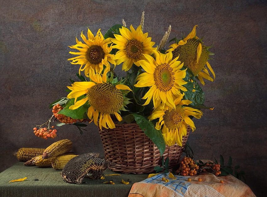 Flowers, Sunflowers, Still Life, Basket, Corn, Rowan, Seeds, Sunflower Seeds, Maize HD wallpaper