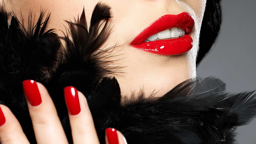 face lips pen feather nails boa, , Beautiful fashionable woman with red nails HD wallpaper