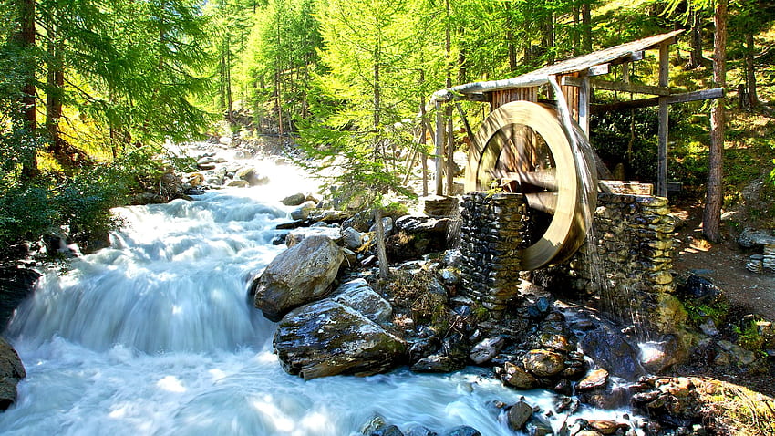 STREAM from MOUNTIAN, Sonnenstrahlen, Mühle, Wasserfälle, Natur, Felsen, Wald, Berg HD-Hintergrundbild