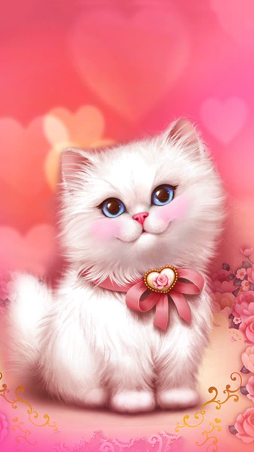 Ładny różowy kot, miłość, piękny, dziecko, zwierzę, łuk Tapeta na telefon HD