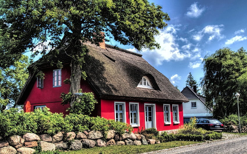 red house with thatched roof in germany, house, red, sky, thatch, stones, tree HD wallpaper