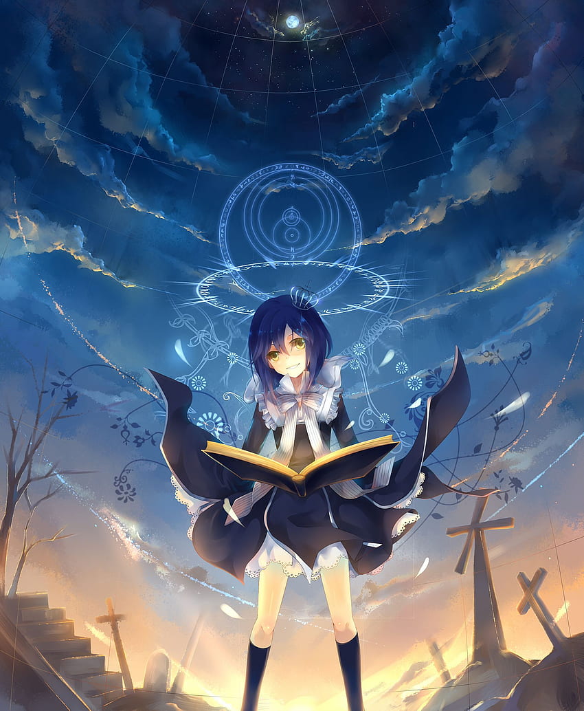 clouds, blue hair, books, magic, yellow eyes, crowns, crows, Anime Magic HD phone wallpaper
