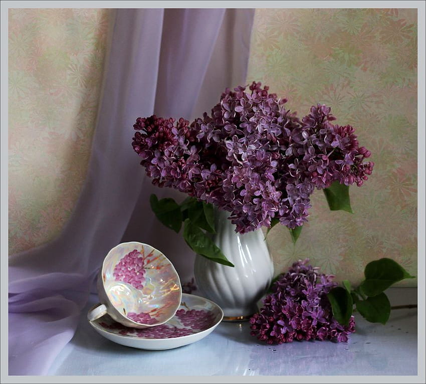 bodegón, ramo, gráfico, florero, hermoso, agradable, púrpura, taza, decoración, flor, fresco, naturaleza, armonía, lila fondo de pantalla