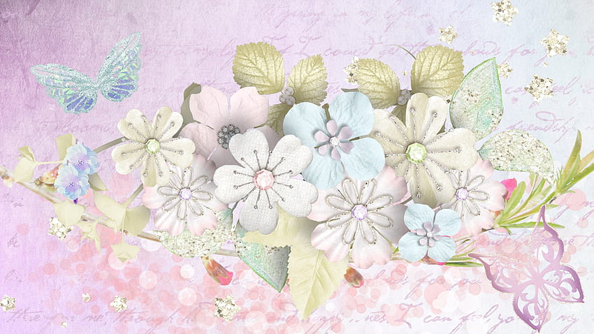 Angelique, borboletas, pastel, estrelas de glitter dourados, rosa, firefox persona, flores, escrita, papel papel de parede HD