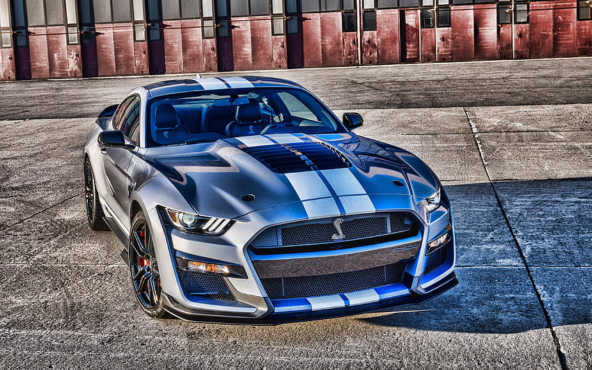 2022、Ford Mustang Shelby GT500、正面図、外観、銀色のスポーツカー、新しい銀色のMustang Shelby GT500、アメリカンスポーツカー、フォード 高画質の壁紙