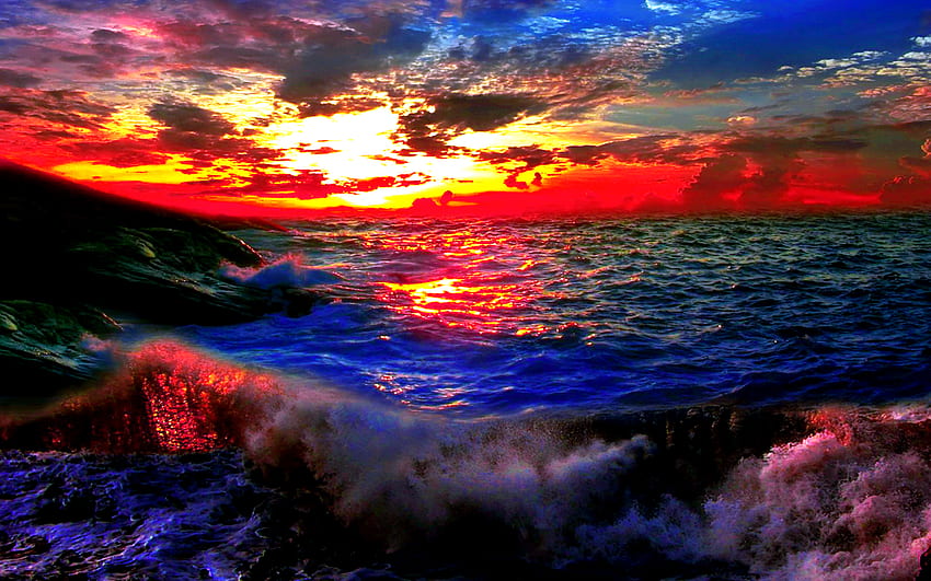 Stormy Heart, rayons, horizon, bleu, coloré, noir, graphie, côte, merveilleux, beauté, plage, vagues, paysage, rêveur, soleil, océan, coucher de soleil, scène, bord de mer, beau, sombre, orageux, joli, jaune, rouge, vue, nuages, nature, ciel, orage Fond d'écran HD