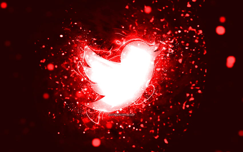 โลโก้ Twitter สีแดง, ไฟนีออนสีแดง, สร้างสรรค์, พื้นหลังนามธรรมสีแดง, โลโก้ Twitter, เครือข่ายสังคม, Twitter วอลล์เปเปอร์ HD