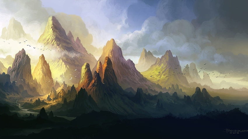 Valley, Samsung, Clouds, ferdinand, Art, Anime Ladera, Birds, Aesthetic Mountains HD wallpaper