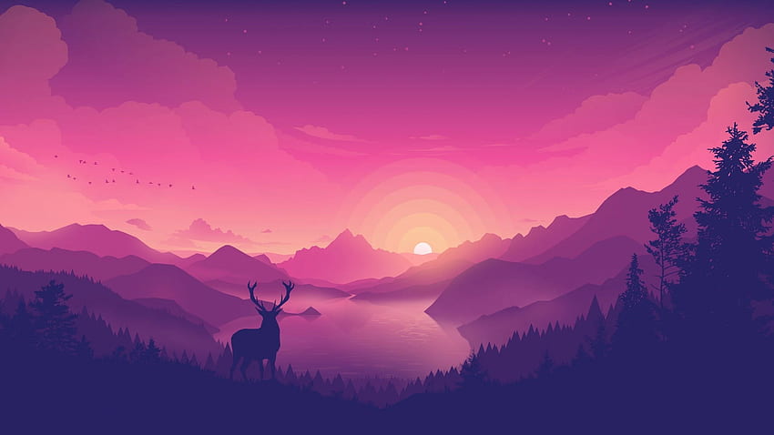フラットな風景、鹿、湖、日光、夜明け、日没 iMac 27 インチ 高画質の壁紙