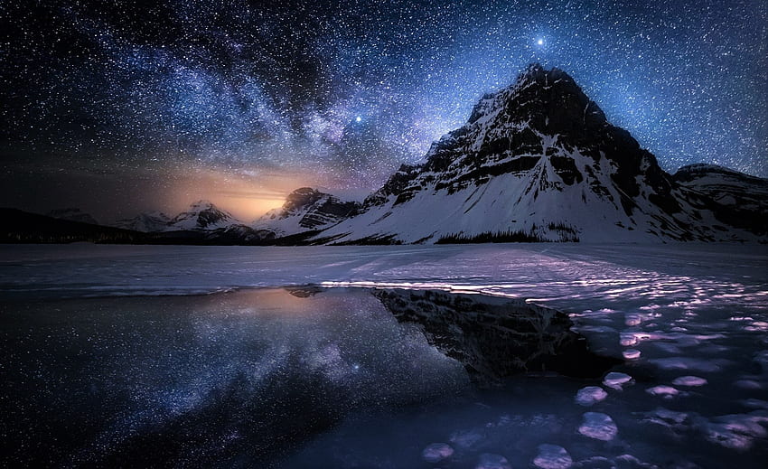 Mountains in Starry Winter Night, Nights, Stars, Winter, Ice, Snow, Nature, Mountains, Sky HD wallpaper