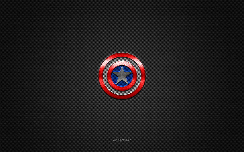 Captain America logo, red blue shiny logo, Captain America metal emblem, gray carbon fiber texture, Captain America, brands, creative art, Captain America emblem HD wallpaper