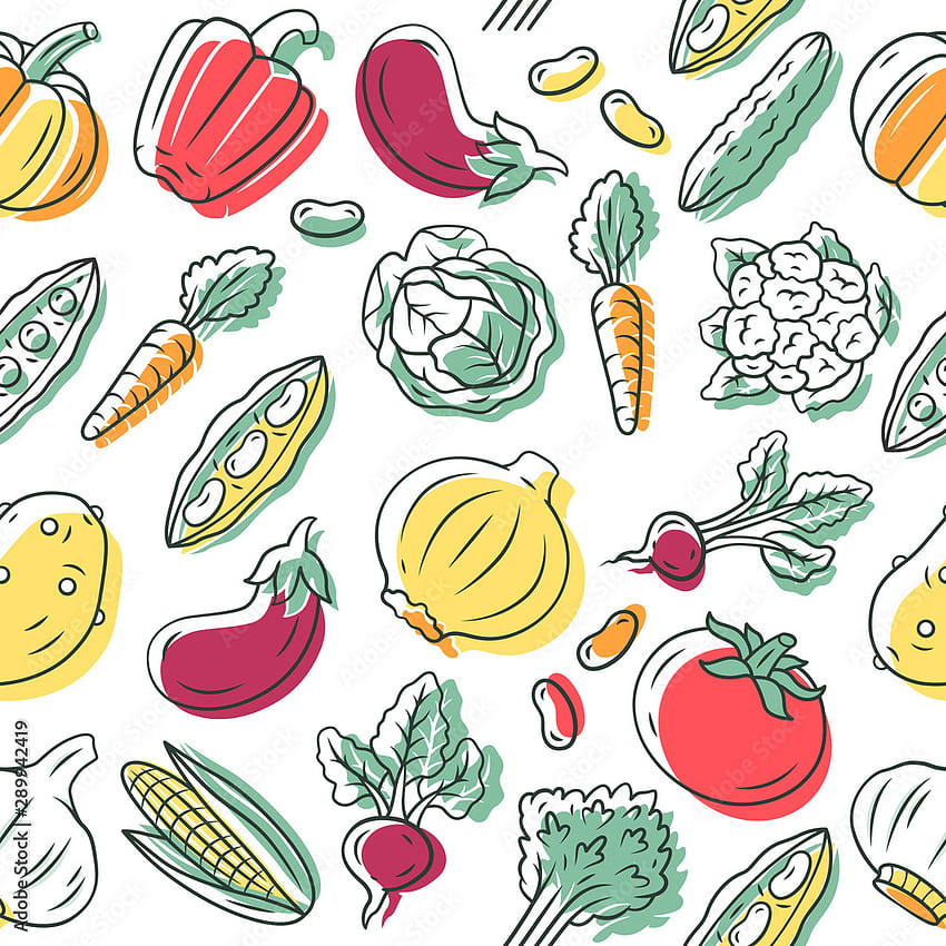 야채 벡터 원활한 패턴입니다. 채소 배경입니다. 건강한 식생활. 흰색 질감, 손으로 그린 ​​컬러 아이콘. 식이 영양. 토마토, 가지. 채식 음식 포장지, 디자인 스톡 벡터 HD 전화 배경 화면