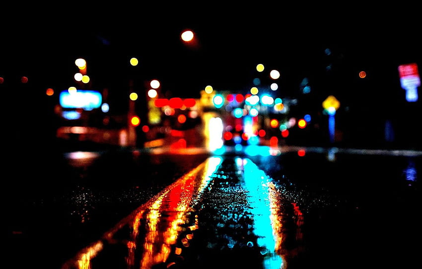 miasto, światła, noc, bokeh, wysoki, kontrast, deszczowy Tapeta HD