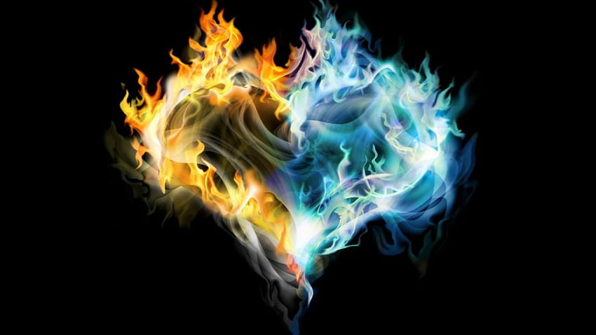 FIREY HEART, YELLOW, BURNING, HEART, BLUE, FIRE HD wallpaper