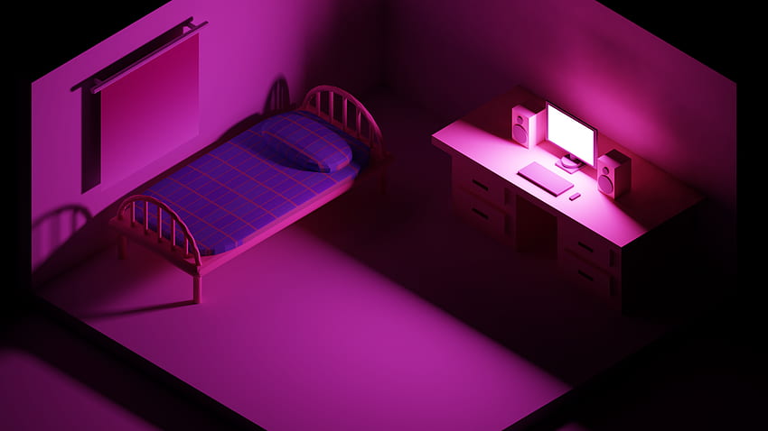 Mixer, Bett, bunt, 3D, isometrisch, Minimalismus, lila, Zimmer, Computer, isometrisch HD-Hintergrundbild