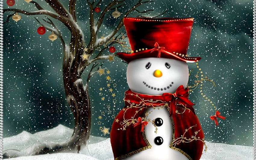 ❤️Red and White Snowpeople❤️, White, Snow, Red, Snowperson, Tree HD wallpaper