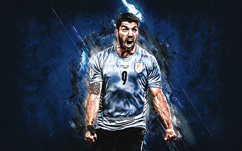 Luis Suarez, Uruguay national football team, Uruguayan footballer, portrait, blue stone background, Uruguay, football, grunge art HD wallpaper