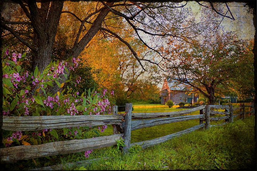 селска ограда, къща, ограда, есен, красива, страна HD тапет