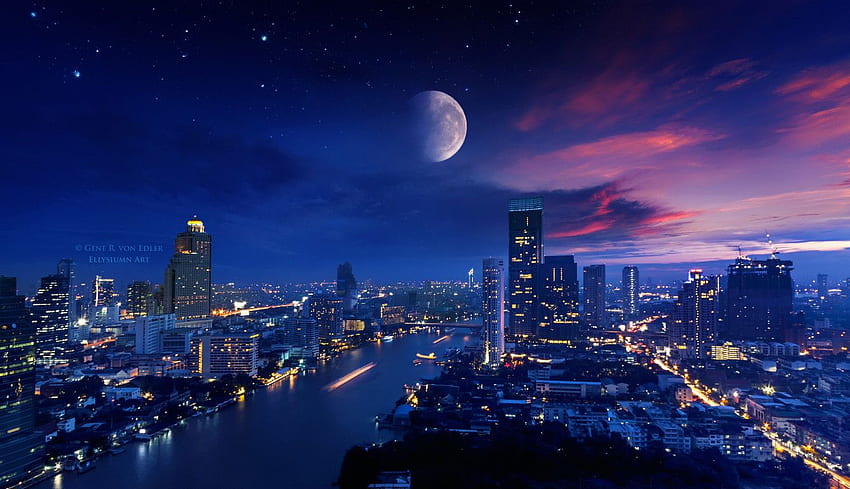 도시의 불빛 달 활기찬 노트북, 도시의 불빛 미학 HD 월페이퍼