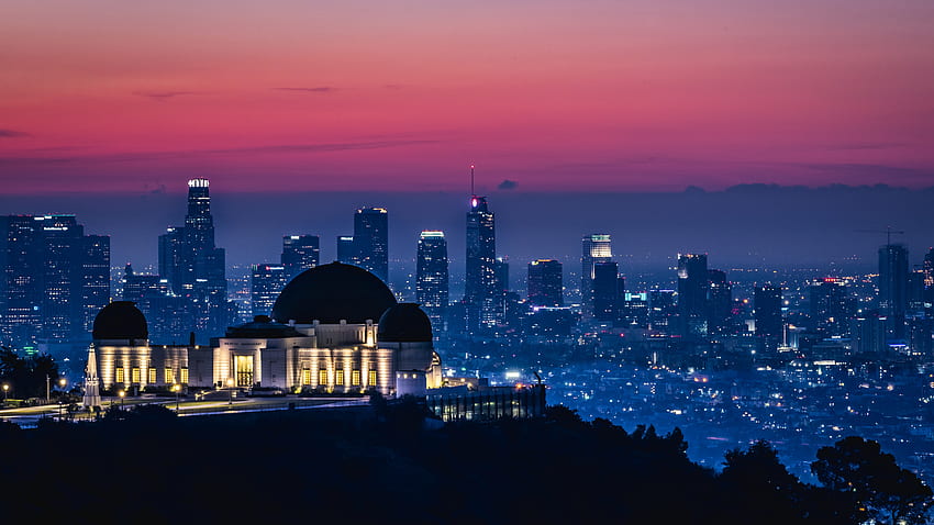 グリフィス天文台, ロサンゼルス, カリフォルニア州, 日の出, ピンクの空, 明け方、世界 高画質の壁紙