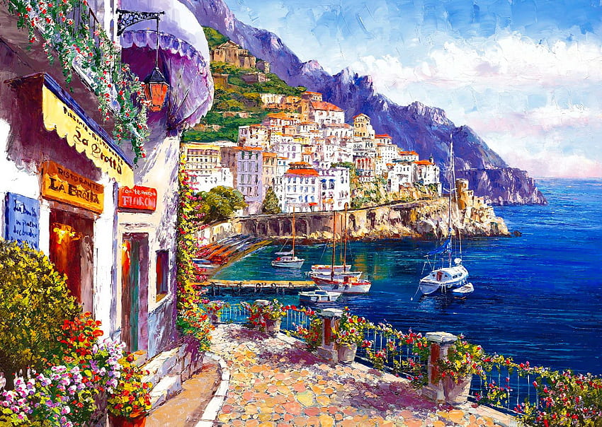Costa de Amalfi, mar, Amalfi, arte, que, pueblo, costa, Italia, pacífico, hermoso, casas, montaña, verano, pintura, barcos, vista, pueblo fondo de pantalla