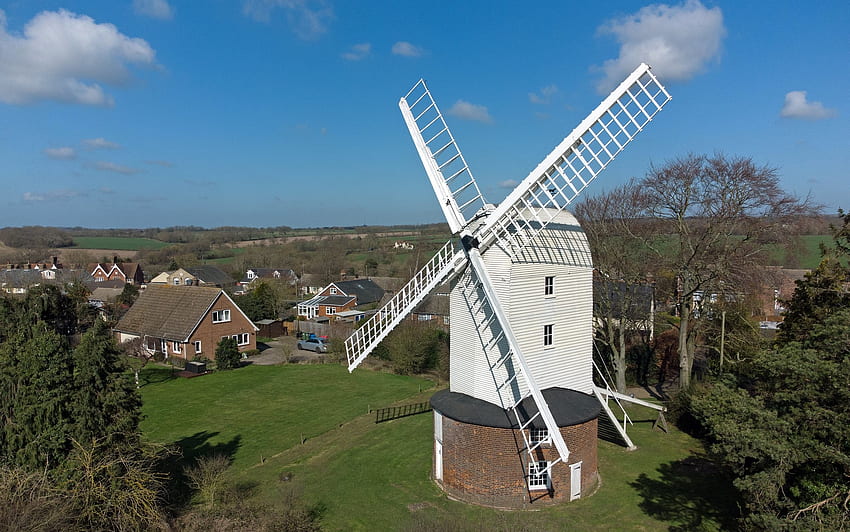 Bocking Windmill, England, fields, England, windmill, village, sky HD wallpaper