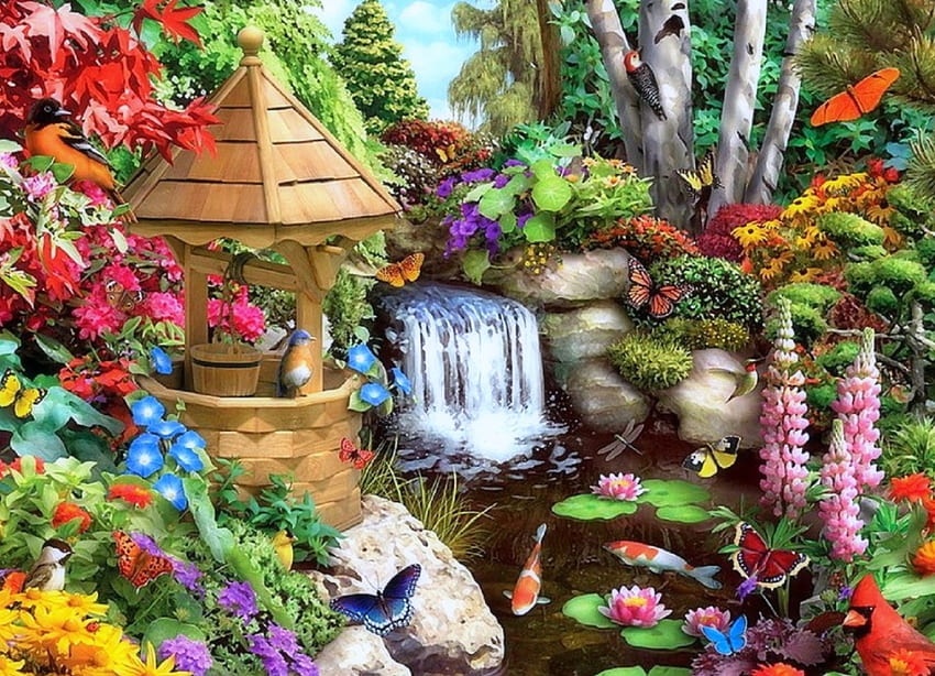 Spring Garden, oiseaux, souhaitant bien, jardin, couleurs, chutes d'eau, printemps, papillons, amour quatre saisons, dessins de papillons, nature, fleurs Fond d'écran HD