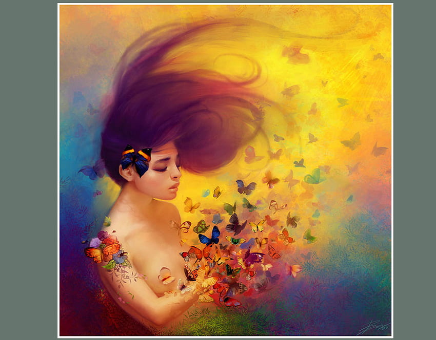Lady Butterfly for Monarch, цветно, изкуство, момиче, красота, жена, дама, пеперуди, пеперуда, фантазия, абстрактно, изящно изкуство, красиво, жълто, коса HD тапет