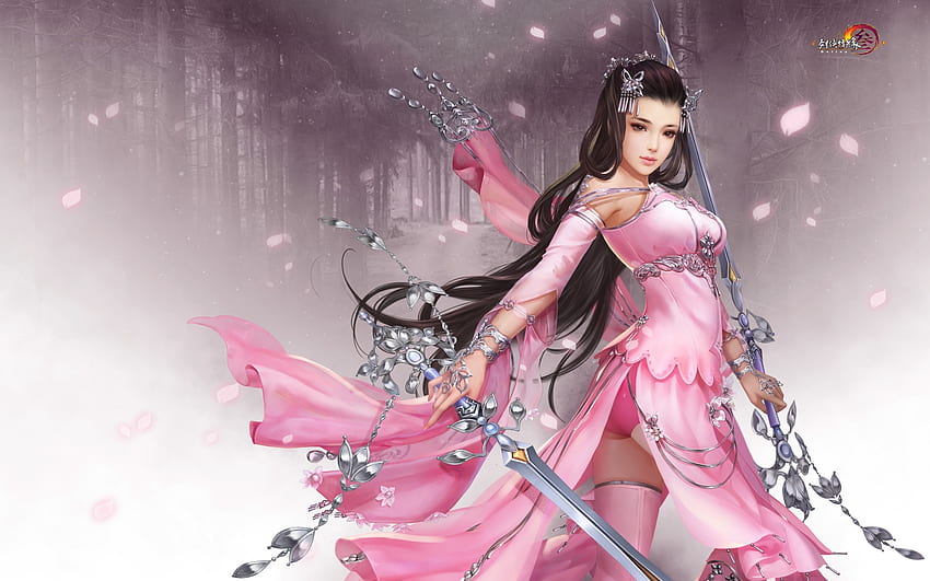 Petarung pedang, merah muda, frumusete, pedang, fantasi, game, petarung, gadis, luminos Wallpaper HD