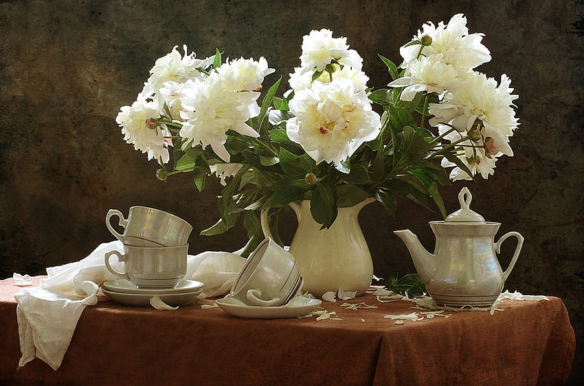 still life, white, graphy, peony, vase, beautiful, jug, elegant, flowers, flower bouquet, bowls, drink HD wallpaper