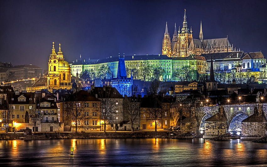 Villes, Nuit, Lumières, Prague, Charles Bridge Fond d'écran HD