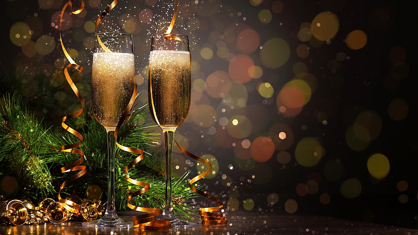 champagne, christmas tree, tinsel, branches, drink HD wallpaper