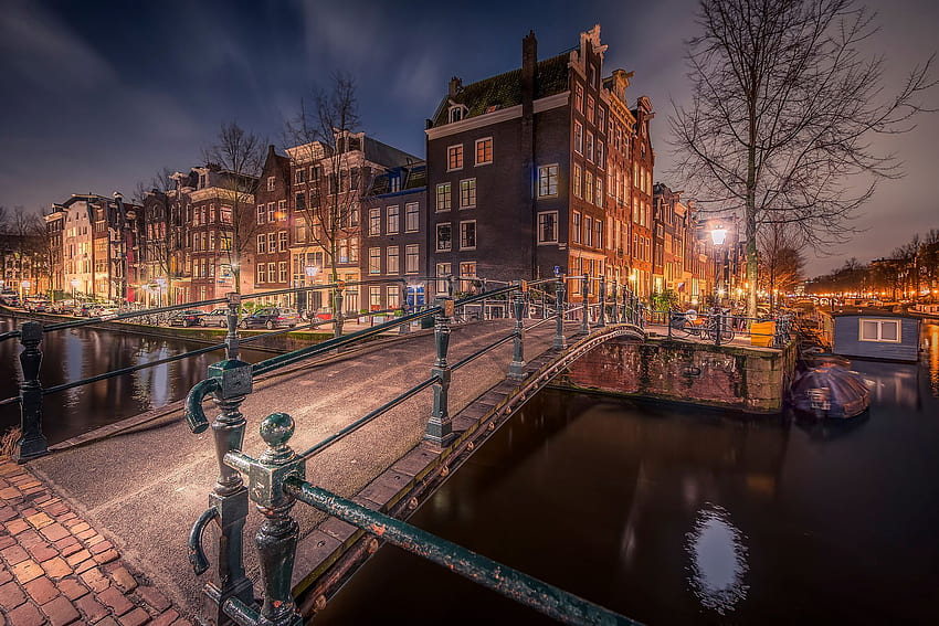 Nature, bridge, Amsterdam, night, lights, city, city lights, river ...