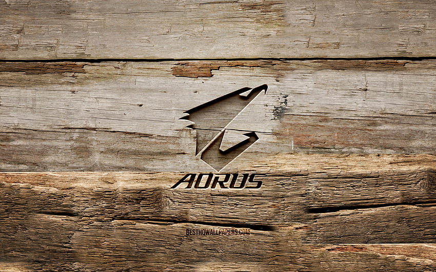 Aorus drewniane logo, drewniane tła, marki, logo Aorus, kreatywne, rzeźbienie w drewnie, Aorus Tapeta HD