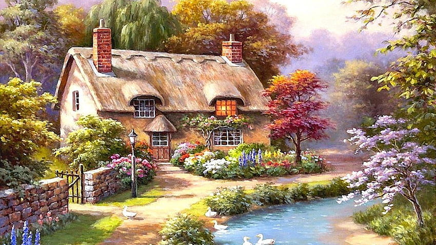 Other, Cottage, Art, Kim, River, Colors, House, Duck, Nature, Peaceful Art HD wallpaper