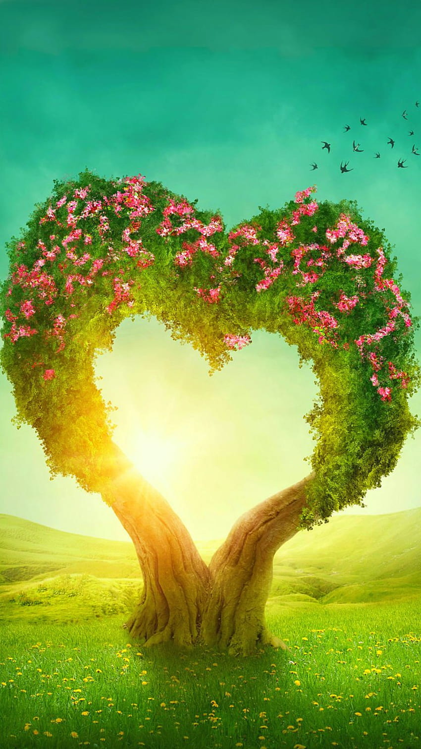 Romantische Fantasie-Liebes-Blüten-Baum-Blumen-Herz-Natur HD-Handy-Hintergrundbild