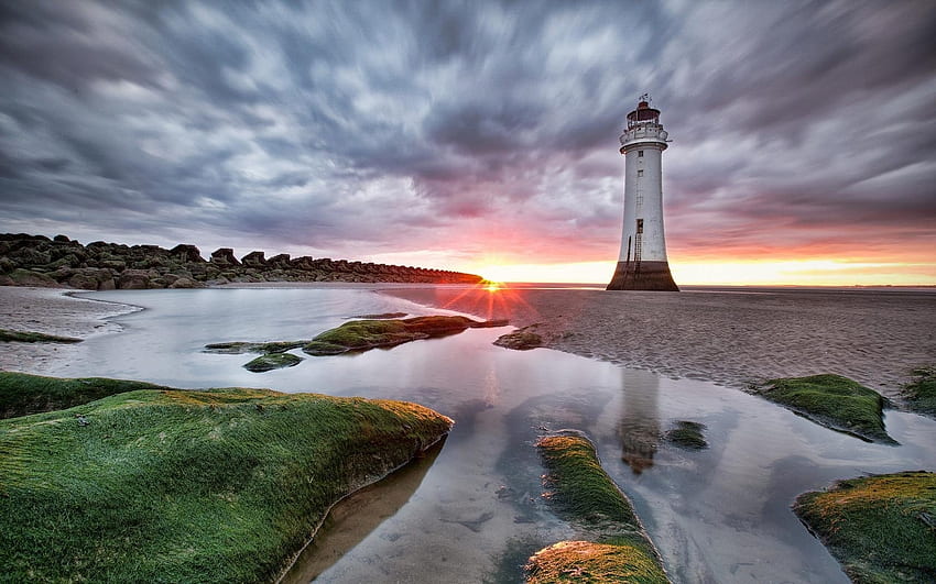 Lighthouse at Sunset, sea, lighthouse, coast, clouds, nature, sunset HD wallpaper