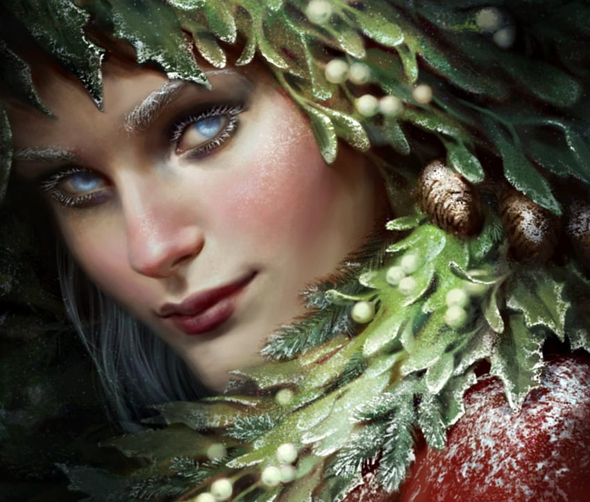 Winter lady, winter, craciun, art, depingo, girl, woman, fantasy, green, christmas, red, face HD wallpaper
