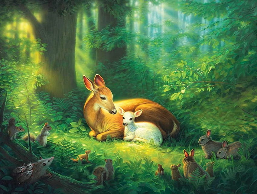 Ormana hoş geldiniz, sanat eserleri, , geyik yavrusu, geyik, hayvanlar, tavşanlar, sincap HD duvar kağıdı