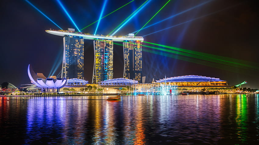 Marina Bay Sands, pokaz świateł, Singapur, światła laserowe, kolorowy, świat Tapeta HD
