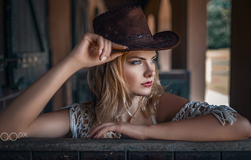 girl, hat, , grapher, blue eyes, model, face, blonde, Carla, portrait, lip, mouth, red lipstick, cowgirl, lipstick, cowboy hat for , section девушки, Beautiful Cowgirl HD wallpaper