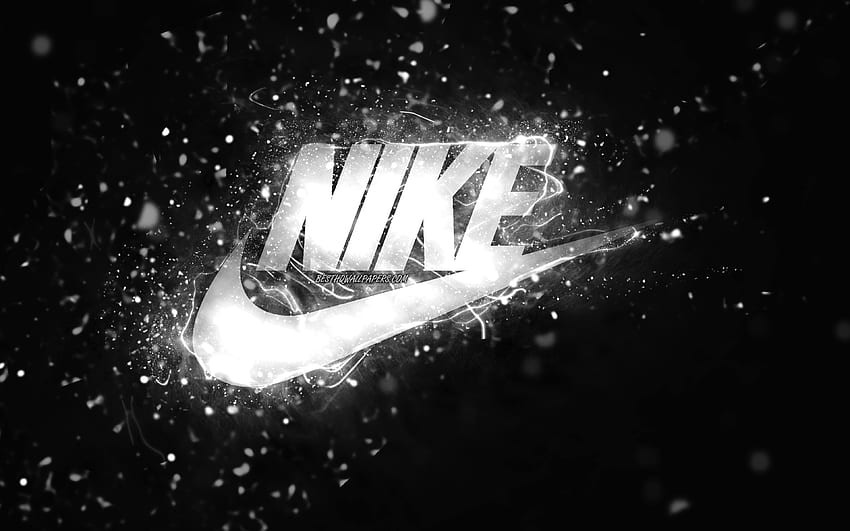Nike 흰색 로고, , 흰색 네온 불빛, 크리에이티브, 검정 추상 배경, Nike 로고, 패션 브랜드, Nike HD 월페이퍼